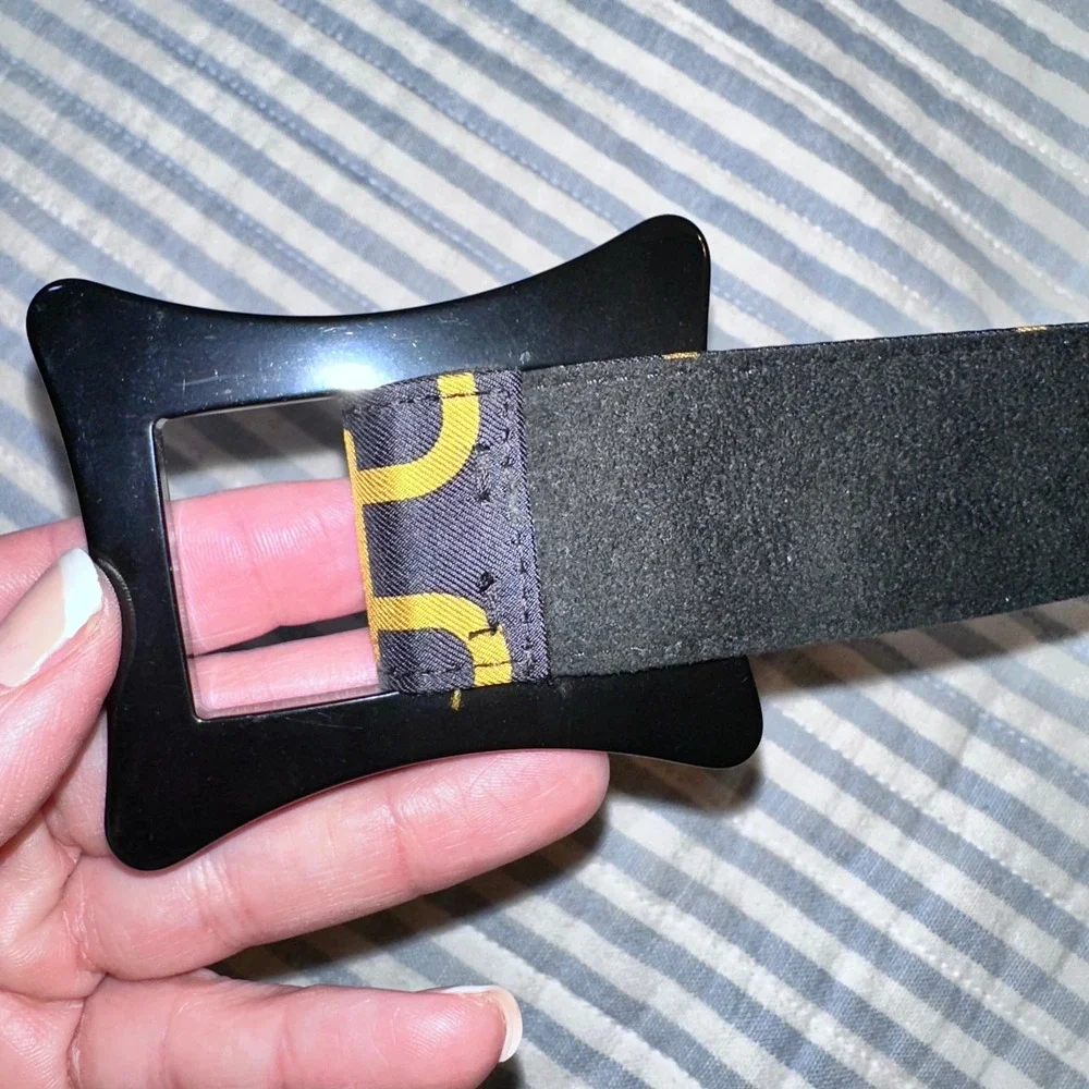 Milly Designer‎ Belt Black Purple Gold Geometric Print Resin Buckle Size Medium